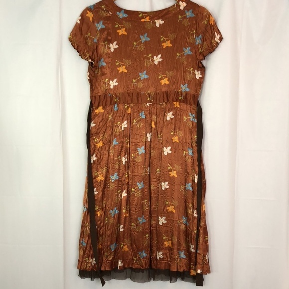 Free People Women's V-Neck Babydoll  Floral Rust Silk Mini Dress Size 12 - Picture 9 of 14